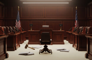 Empty courthouse witness stand with microphone and scattered legal papers on wooden desk