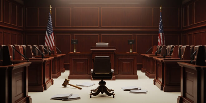 Empty courthouse witness stand with microphone and scattered legal papers on wooden desk