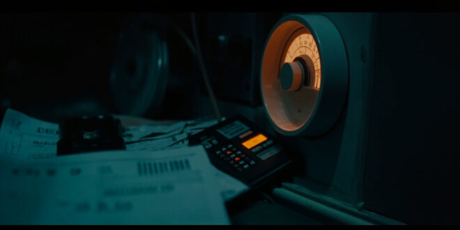 Stack of energy bills beside calculator and heating thermostat in moody lighting with warm amber and cold blue tones