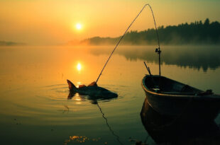 Fishing equipment at empty lake shore at dawn with massive catfish silhouette visible beneath calm Czech reservoir waters