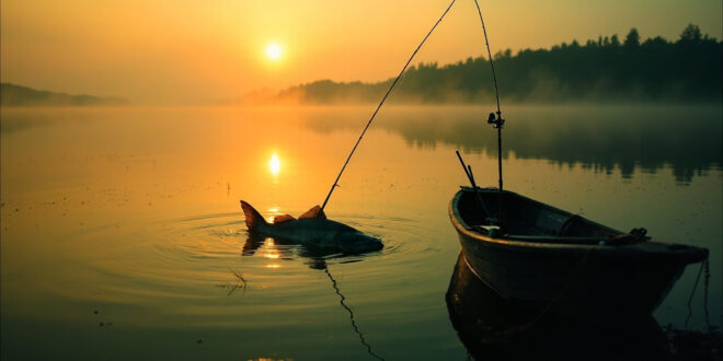 Fishing equipment at empty lake shore at dawn with massive catfish silhouette visible beneath calm Czech reservoir waters