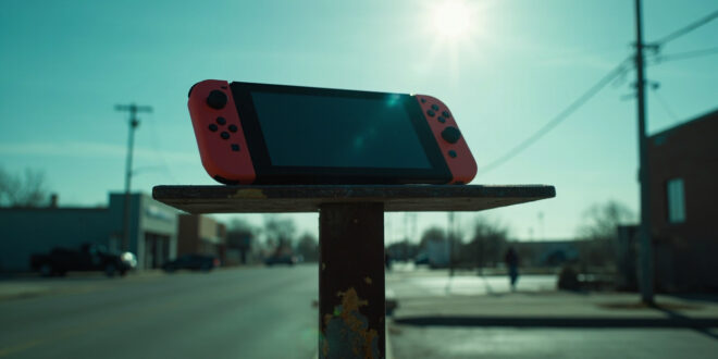Abandoned Nintendo Switch perched on an empty parking sign in a deserted small-town parking lot at dusk