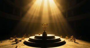 Empty awards podium with scattered golden trophies in an abandoned television awards venue, dramatically lit