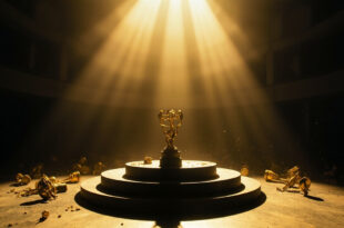 Empty awards podium with scattered golden trophies in an abandoned television awards venue, dramatically lit