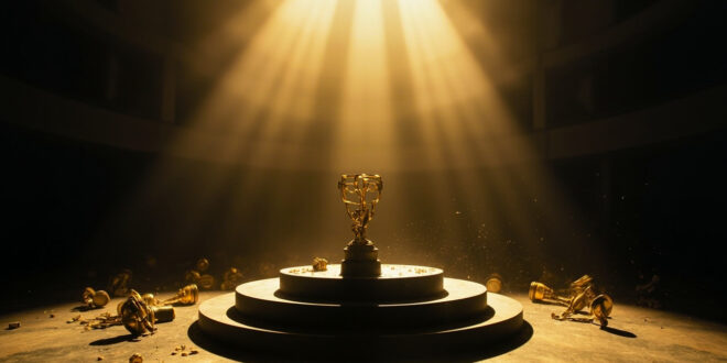 Empty awards podium with scattered golden trophies in an abandoned television awards venue, dramatically lit