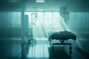 Empty hospital bed with IV drip stand and medical equipment in a sterile, clinical hospital room bathed in white and blue light.