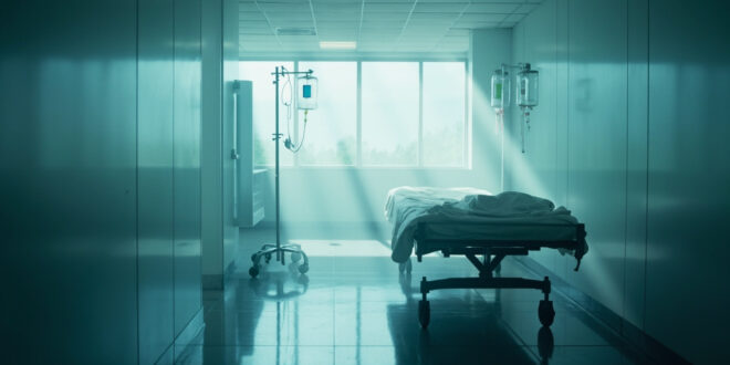 Empty hospital bed with IV drip stand and medical equipment in a sterile, clinical hospital room bathed in white and blue light.