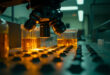 Abandoned laboratory equipment with virus specimen containers in sterile medical laboratory at night, microscope illuminated