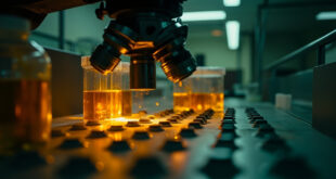 Abandoned laboratory equipment with virus specimen containers in sterile medical laboratory at night, microscope illuminated