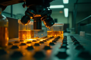 Abandoned laboratory equipment with virus specimen containers in sterile medical laboratory at night, microscope illuminated
