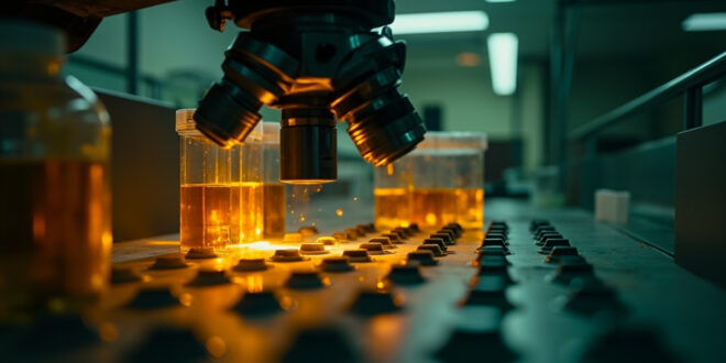 Abandoned laboratory equipment with virus specimen containers in sterile medical laboratory at night, microscope illuminated