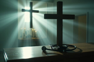 Empty medical consultation room with stethoscope beside wooden cross on desk, blending hospital and chapel elements