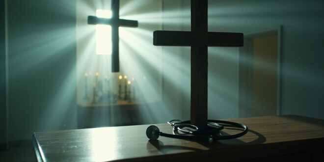 Empty medical consultation room with stethoscope beside wooden cross on desk, blending hospital and chapel elements