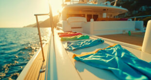 Luxury yacht deck with blue swimwear and orange clothing laid out under bright Mediterranean sunlight