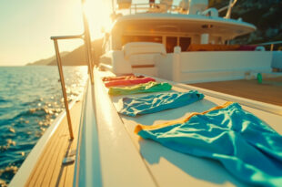Luxury yacht deck with blue swimwear and orange clothing laid out under bright Mediterranean sunlight