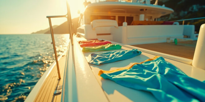 Luxury yacht deck with blue swimwear and orange clothing laid out under bright Mediterranean sunlight