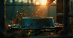 Empty metal feeding bowl in abandoned predator enclosure at dusk, highlighting zoo feeding practices controversy