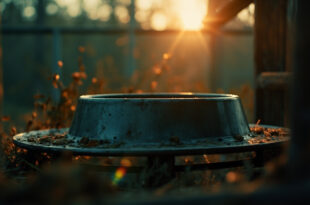 Empty metal feeding bowl in abandoned predator enclosure at dusk, highlighting zoo feeding practices controversy