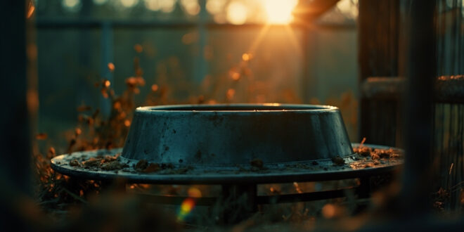 Empty metal feeding bowl in abandoned predator enclosure at dusk, highlighting zoo feeding practices controversy