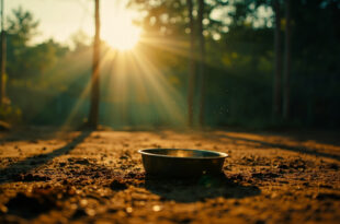 Empty animal enclosure with untouched feeding bowl at dawn in a deserted zoo, highlighting feeding practices