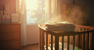 An empty wooden crib with folded blankets in a quiet nursery, with unopened baby gifts arranged on a nearby dresser.