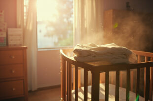 An empty wooden crib with folded blankets in a quiet nursery, with unopened baby gifts arranged on a nearby dresser.