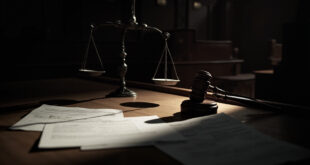 Wooden gavel and legal papers on dark courtroom bench in dramatic lighting