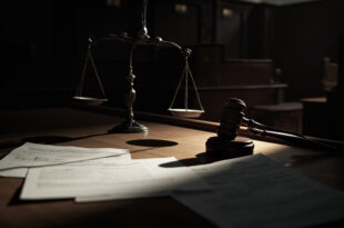 Wooden gavel and legal papers on dark courtroom bench in dramatic lighting