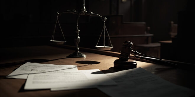 Wooden gavel and legal papers on dark courtroom bench in dramatic lighting