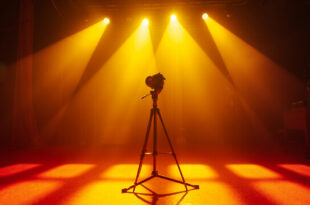 Vintage television camera facing empty stage with spotlight on abandoned microphone in 1950s TV studio