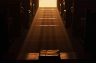 Sunlight streams through church windows onto wooden pews with open Bible, creating peaceful atmosphere