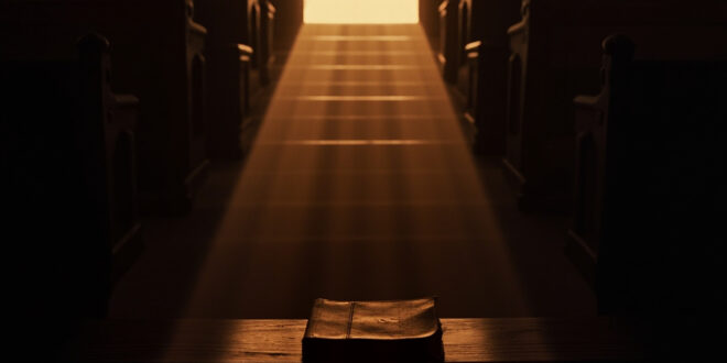 Sunlight streams through church windows onto wooden pews with open Bible, creating peaceful atmosphere