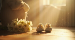Tiny white baby booties placed beside fresh white flowers on wooden surface in softly lit nursery corner.