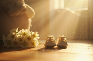 Tiny white baby booties placed beside fresh white flowers on wooden surface in softly lit nursery corner.