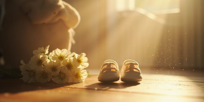 Tiny white baby booties placed beside fresh white flowers on wooden surface in softly lit nursery corner.