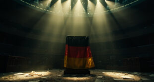 Empty German parliament chamber with abandoned podium displaying German flag and scattered political documents
