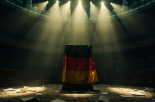 Empty German parliament chamber with abandoned podium displaying German flag and scattered political documents