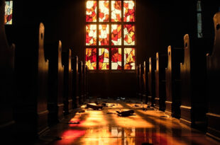 Broken stained glass church window with colorful fragments scattered on wooden floor below