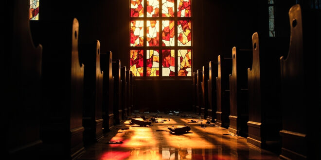 Broken stained glass church window with colorful fragments scattered on wooden floor below