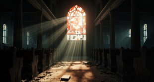 Interior of Catholic church showing damaged stained glass window with morning sunlight filtering through broken colored glass