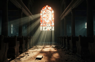 Interior of Catholic church showing damaged stained glass window with morning sunlight filtering through broken colored glass