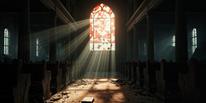 Interior of Catholic church showing damaged stained glass window with morning sunlight filtering through broken colored glass