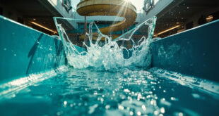 Damaged water slide with shattered glass panel gushing water on empty cruise ship deck water park area
