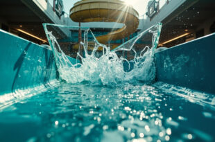 Damaged water slide with shattered glass panel gushing water on empty cruise ship deck water park area