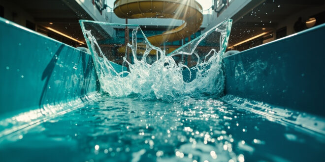 Damaged water slide with shattered glass panel gushing water on empty cruise ship deck water park area