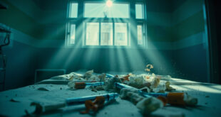 Abandoned hospital room with empty bed, scattered medical papers, discarded syringes and legal documents in sterile facility