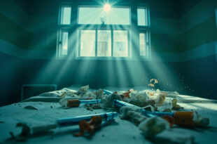 Abandoned hospital room with empty bed, scattered medical papers, discarded syringes and legal documents in sterile facility