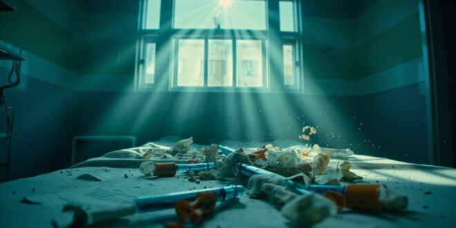Abandoned hospital room with empty bed, scattered medical papers, discarded syringes and legal documents in sterile facility