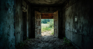 Abandoned concrete bunker entrance discovered during crime scene investigation in deserted rural Alabama landscape