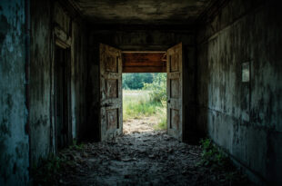 Abandoned concrete bunker entrance discovered during crime scene investigation in deserted rural Alabama landscape